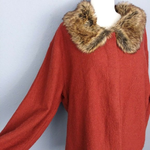 Evan-Picone Women's 100% Wool Faux Fur Collar sweater, Pumpkin/Rust, buttons. - Picture 3 of 11